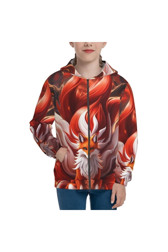 Red Leaf Flame Fox Pattern Kids Boys Girls Zip Up Hoodie 3D Printed Hooded Sweatshirt Hoody Coat with Pocket 7-12 Y-Small