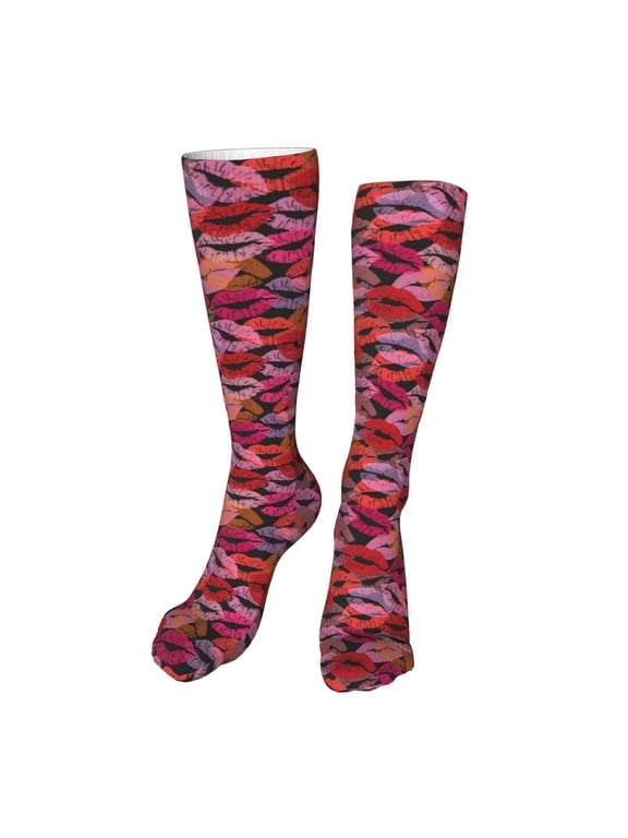 Red Lips Kissing Funny Silky Novelty Funky Long Knee High Socks Soft 3D Print Cosplay Crazy Stockings for Men Women