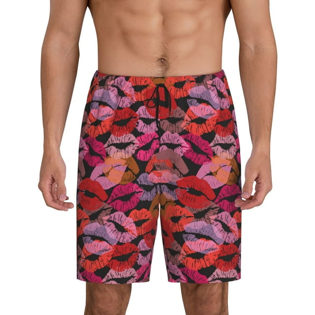 Kdxio Red Lips Kissing Print Mens Sleep Shorts Bottoms Soft Comfy