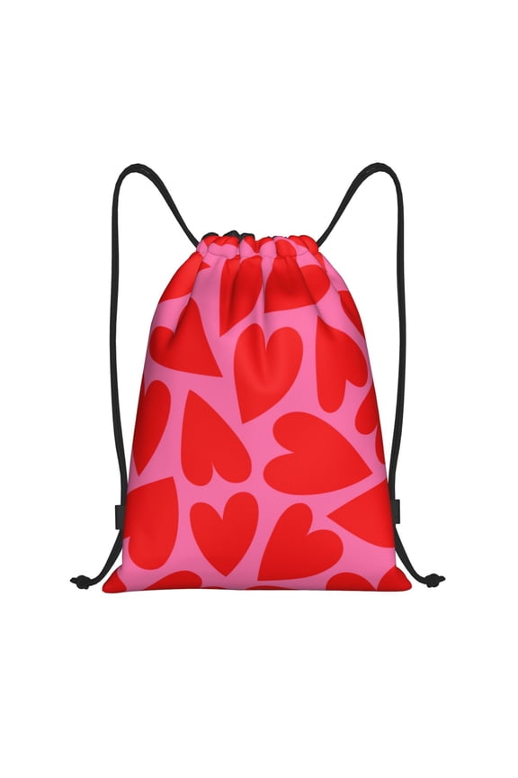 Red Love Heart Print Drawstring Backpack Bag,Waterproof Draw String Back Sack, Gym Drawstring Bags Swim Bag For Unisex