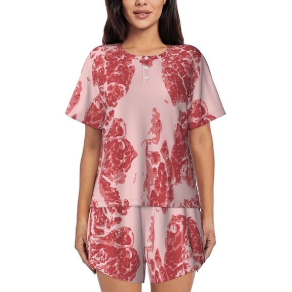 Kdxio Red Meat Print Pajamas Sets for Women Short-Sleeved Pjs with Lounge Shorts Two Piece Sleepwear S-4XL
