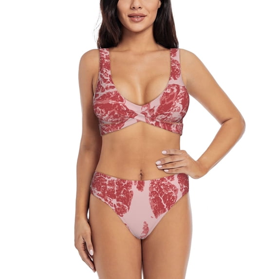 Kdxio Red Meat Print Women's 2 Piece High Waisted Wrap Spaghetti Strap Summer Swimsuit Bikini Set-Small