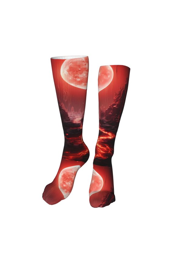 Red Moon Lava Funny Silky Novelty Funky Long Knee High Socks Soft 3D Print Cosplay Crazy Stockings for Men Women