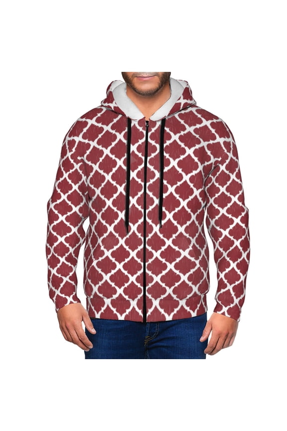 Red Moroccan Print Men Hoodies Casual Hoodies for Men with Zip Pockets Full Zip Long Sleeve Sweatshirt Sports Hooded Jacket-Large