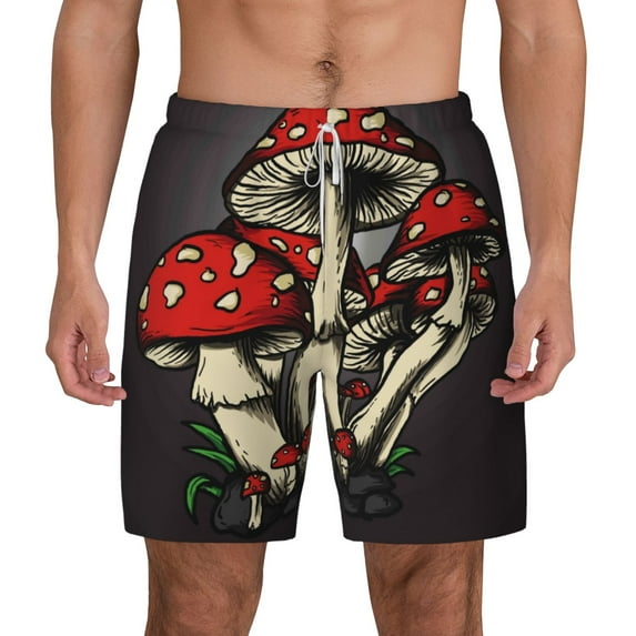 Kdxio Red Mushrooms Print Men'S Swim Trunks With Compression Liner 7 Inch Inseam Quick Dry Swim Shorts