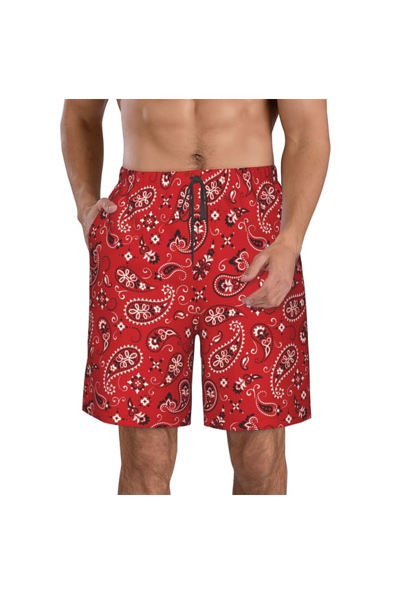 Red Paisley Floral Pattern Mens Casual Shorts - Drawstring Summer Beach Sports Shorts for Men