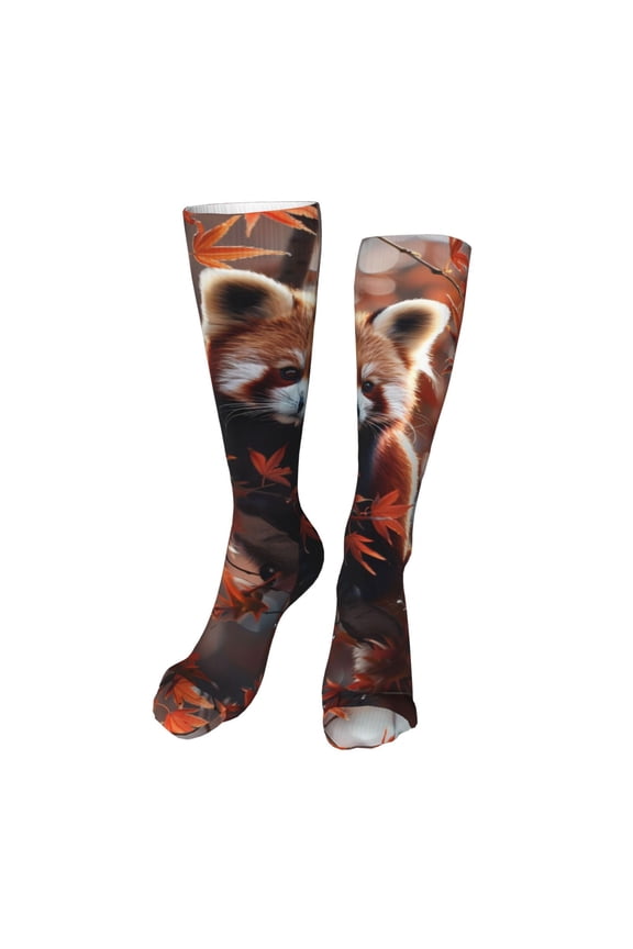 Red Panda Autumn Branches Funny Silky Novelty Funky Long Knee High Socks Soft 3D Print Cosplay Crazy Stockings for Men Women
