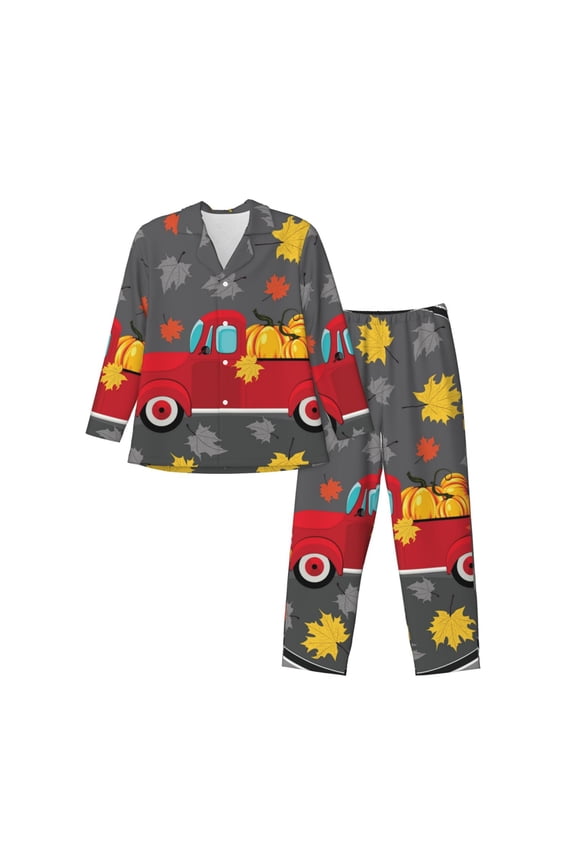 Red Pickup Truck With Pumpkins Men’s Pajama Set Pajamas For Men 2 Piece PJ Set with Men Pajama Pants and Long Sleeve T-Shirt Lounge Set-XX-Large
