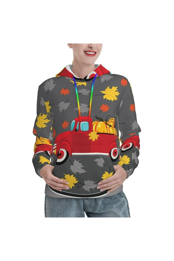 Red Pickup Truck With Pumpkins Print Womens Oversized Hoodies Sweatshirts Hooded Pullover Tops Sweaters Casual-Small