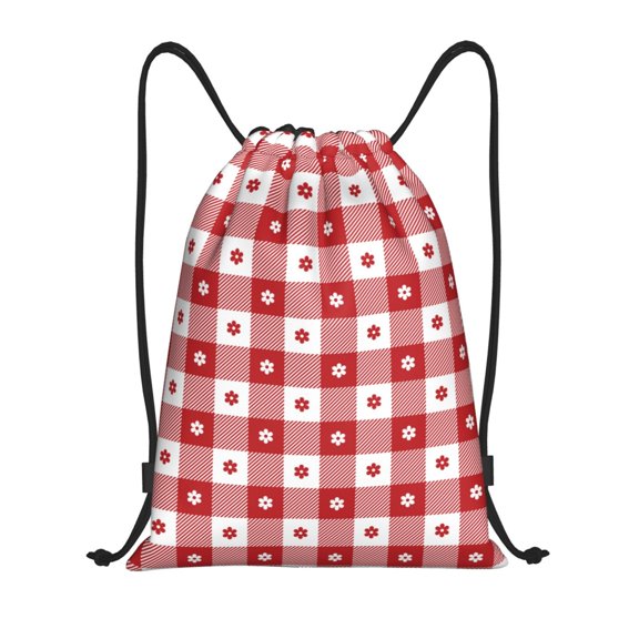 Kdxio Red Plaid Daisy Print Drawstring Backpack Bag,Waterproof Draw String Back Sack, Gym Drawstring Bags Swim Bag For Unisex