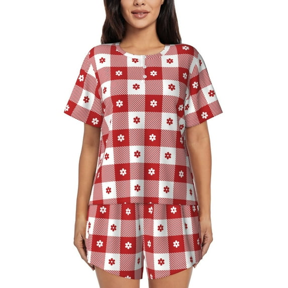 Kdxio Red Plaid Daisy Print Pajamas Sets for Women Short-Sleeved Pjs with Lounge Shorts Two Piece Sleepwear S-4XL