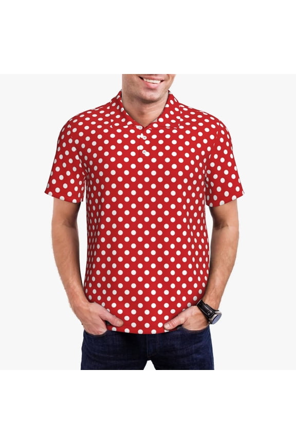 Red Polka Dot Print Men's Short Sleeve Polo Shirt,Midweight Men's Shirt
