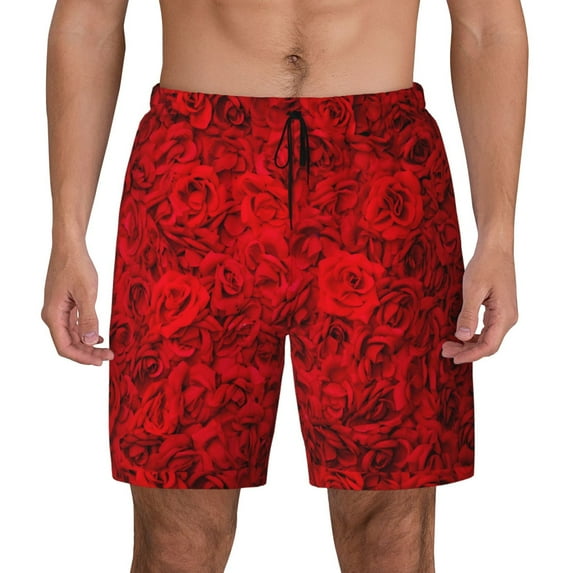 Kdxio Red Rose Print Men'S Swim Trunks With Compression Liner 7 Inch Inseam Quick Dry Swim Shorts