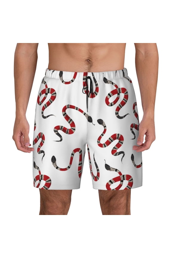 Red Snake Print Men's Swim Trunks with Compression Liner 7 Inch Inseam Quick Dry Swim Shorts