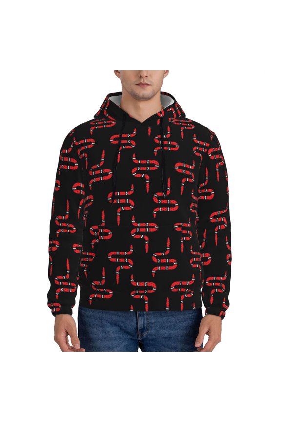 Red Snake Print Mens Casual Hooded Collar Drawstring Hoodies Pullover Sweatshirts Casual Long Sleeve Shirts-3X-Large