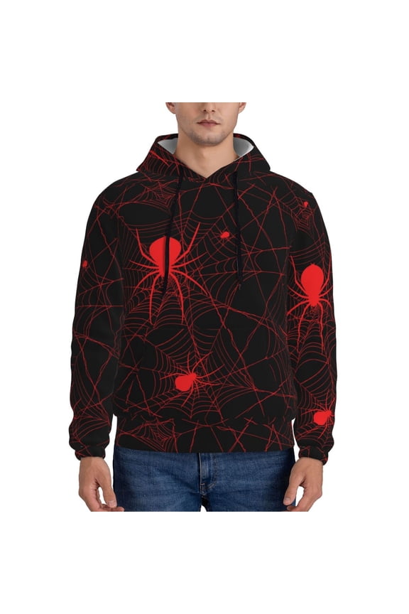 Red Spider On The Web Print Mens Casual Hooded Collar Drawstring Hoodies Pullover Sweatshirts Casual Long Sleeve Shirts-Large