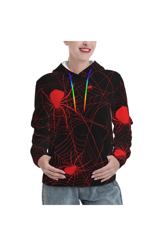 Red Spider On The Web Print Womens Oversized Hoodies Sweatshirts Hooded Pullover Tops Sweaters Casual-Large