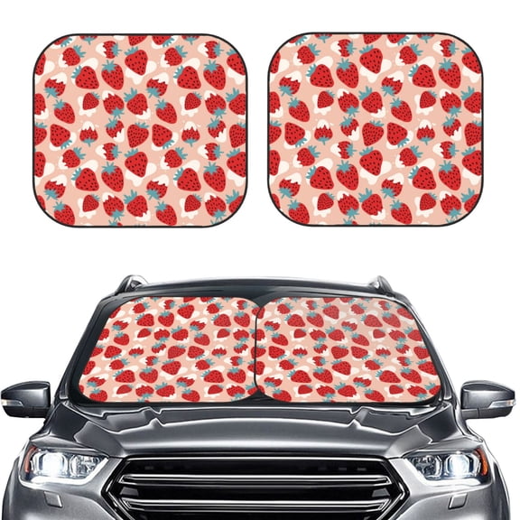 Kdxio Red Strawberry Print 2-Piece Sun Shade Front Windshield - Foldable Car Front Window Sunshades for Most Sedans SUV Truck