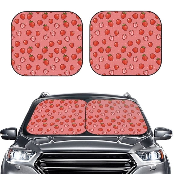 Kdxio Red Strawberry Print 2-Piece Sun Shade Front Windshield - Foldable Car Front Window Sunshades for Most Sedans SUV Truck