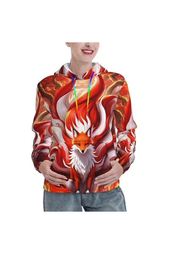 Red Sun Flame Fox Print Womens Oversized Hoodies Sweatshirts Hooded Pullover Tops Sweaters Casual-Medium