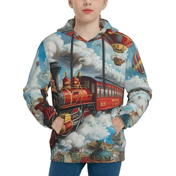 Kdxio Red Train Hot Air Balloon Pattern Boys Athletic Unisex Boys Girls Hoodie with Pocket Sweatshirts-Small