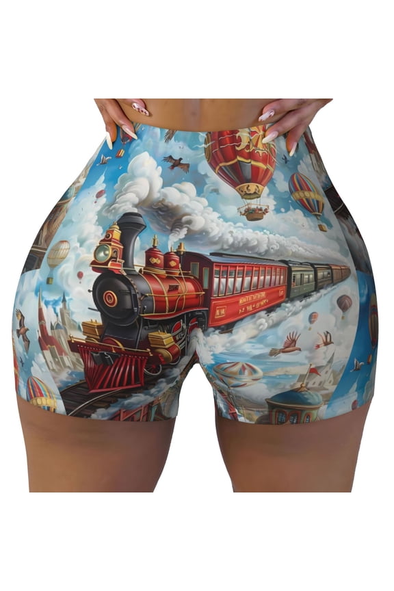 Red Train Hot Air Balloon Print Workout Shorts for Women Seamless Soft Smooth Gym Yoga Scrunch Active Shorts