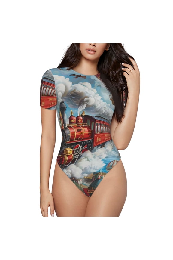 Red Train Hot Air Balloon for Women's Short-Sleeved Onesie Stylish Round Neck Pajamas Bodysuit Jumpsuit Nightwear-Small