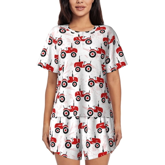 Kdxio Red Wheeled Tractors Print Pajamas Sets for Women Short-Sleeved Pjs with Lounge Shorts Two Piece Sleepwear S-4XL