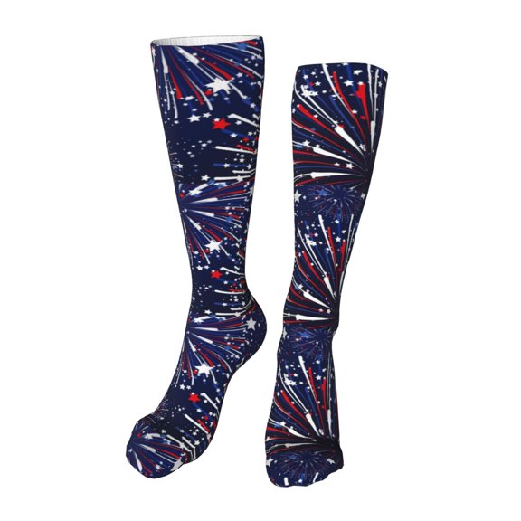 Kdxio Red White Blue Fireworks 1 Funny Silky Novelty Funky Long Knee High Socks Soft 3D Print Cosplay Crazy Stockings for Men Women