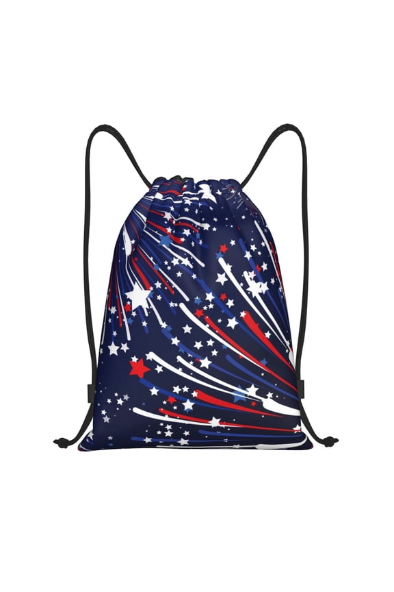 Red White Blue Fireworks 1 Print Drawstring Backpack Bag,Waterproof Draw String Back Sack, Gym Drawstring Bags Swim Bag For Unisex