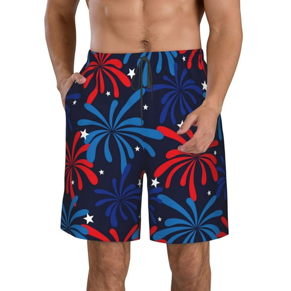 Kdxio Red White Blue Fireworks Pattern Mens Casual Shorts - Drawstring Summer Beach Sports Shorts for Men