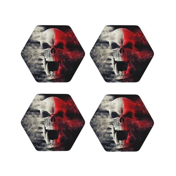 Kdxio Red And White Screaming Demon Skull Funny Coasters,4 Pcs Leather Coasters,Housewarming Gifts,Protect Furniture from Water Marks Scratch and Damage