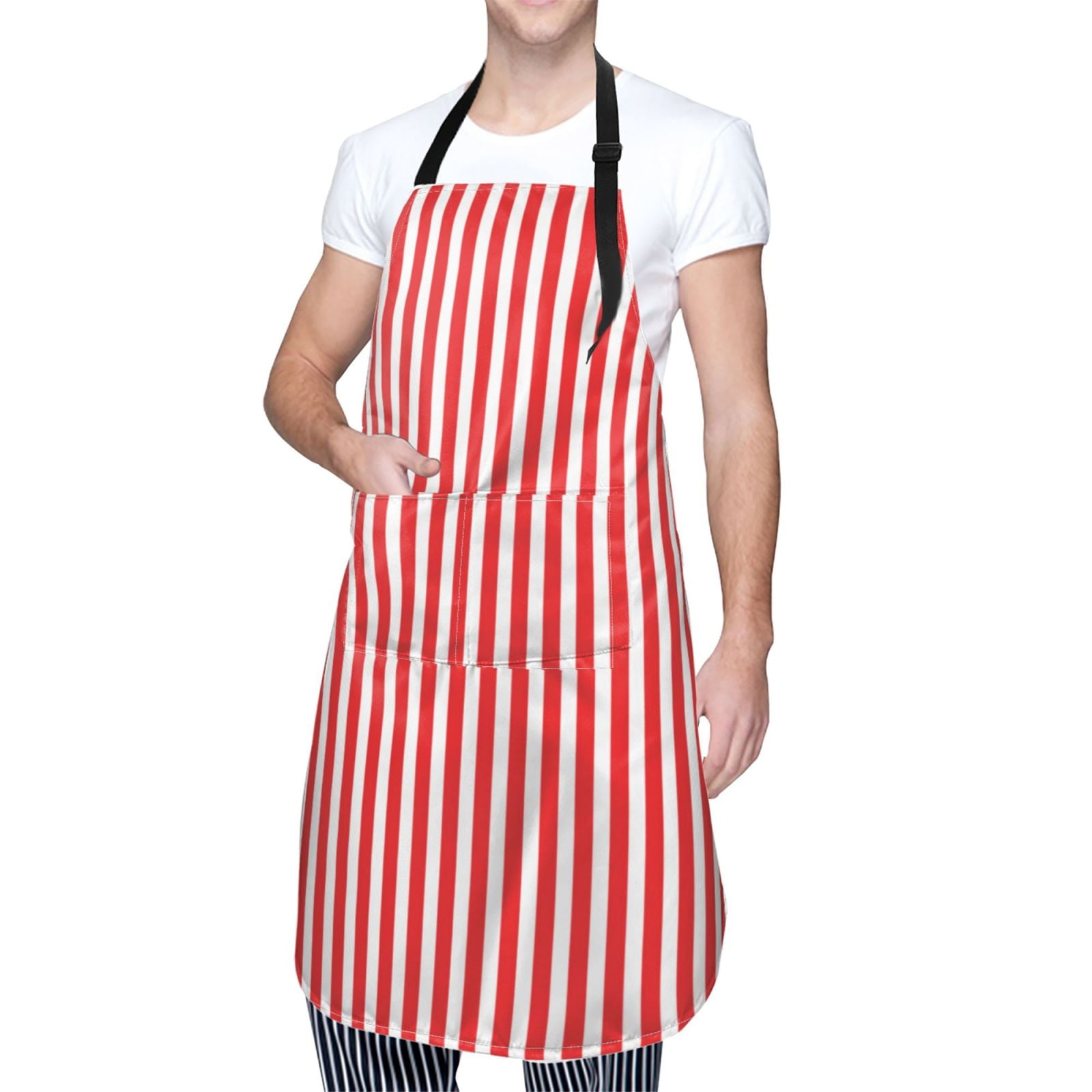 Kdxio Red And White Stripes Apron with Pockets Adjustable Kitchen