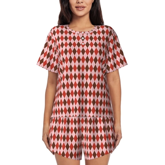 Kdxio Red and Brown Squares Print Pajamas Sets for Women Short-Sleeved Pjs with Lounge Shorts Two Piece Sleepwear S-4XL