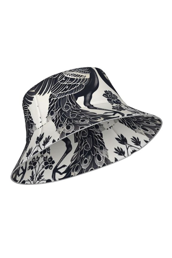 Reflective Bucket Hat - Artistic Black White Peacocks Print Bucket Hat for Men,Women