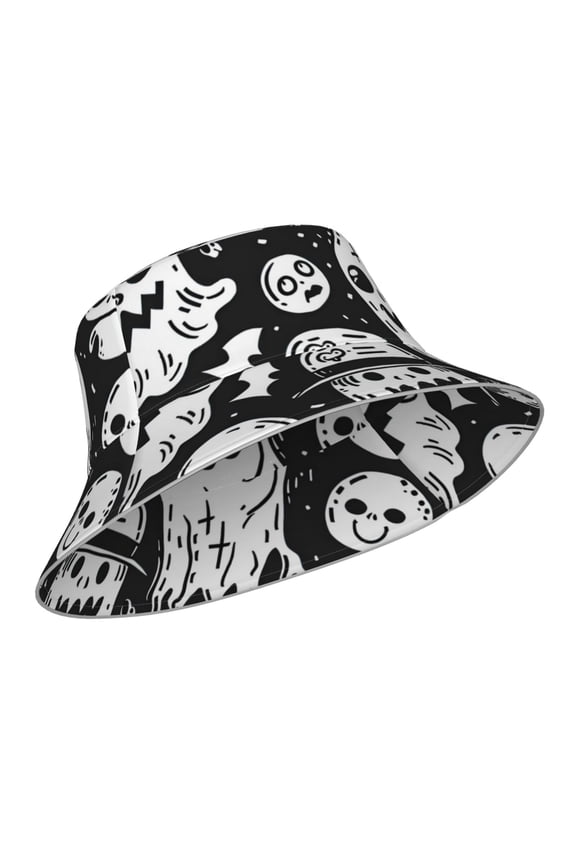 Reflective Bucket Hat - Black White Spooky Ghosts Print Bucket Hat for Men,Women