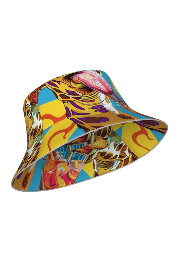 Reflective Bucket Hat - Colorful Giraffes with Drinks Print Bucket Hat for Men,Women