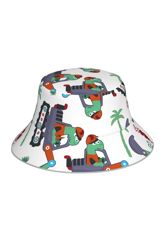 Reflective Bucket Hat - Dinosaur on Excavator2 Print Bucket Hat for Men,Women