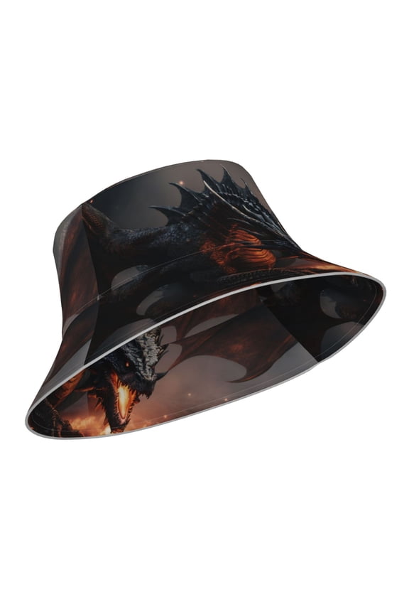 Reflective Bucket Hat - Fiery Black Dragon Attack Print Bucket Hat for Men,Women
