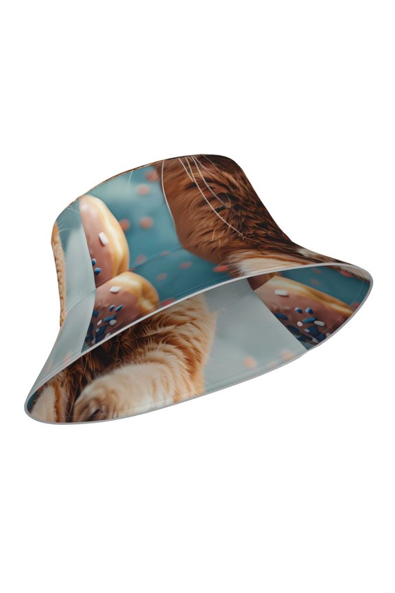 Reflective Bucket Hat - Floating Cat And Donuts Print Bucket Hat for Men,Women