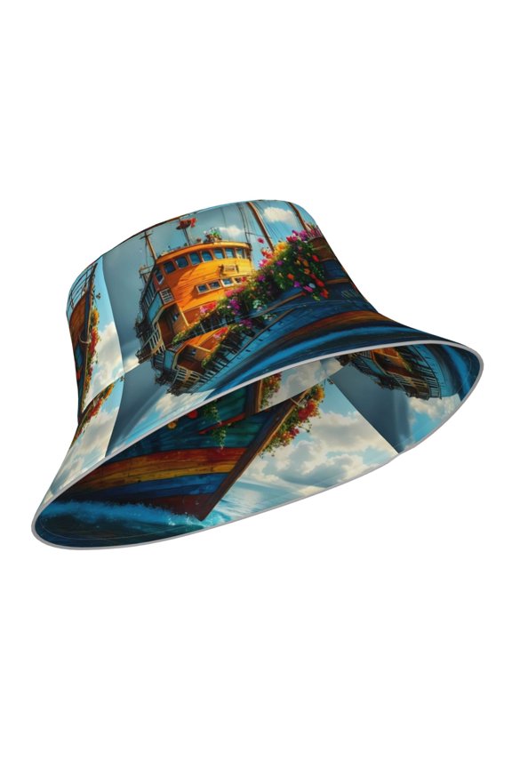 Reflective Bucket Hat - Floral Ship On Ocean Print Bucket Hat for Men,Women