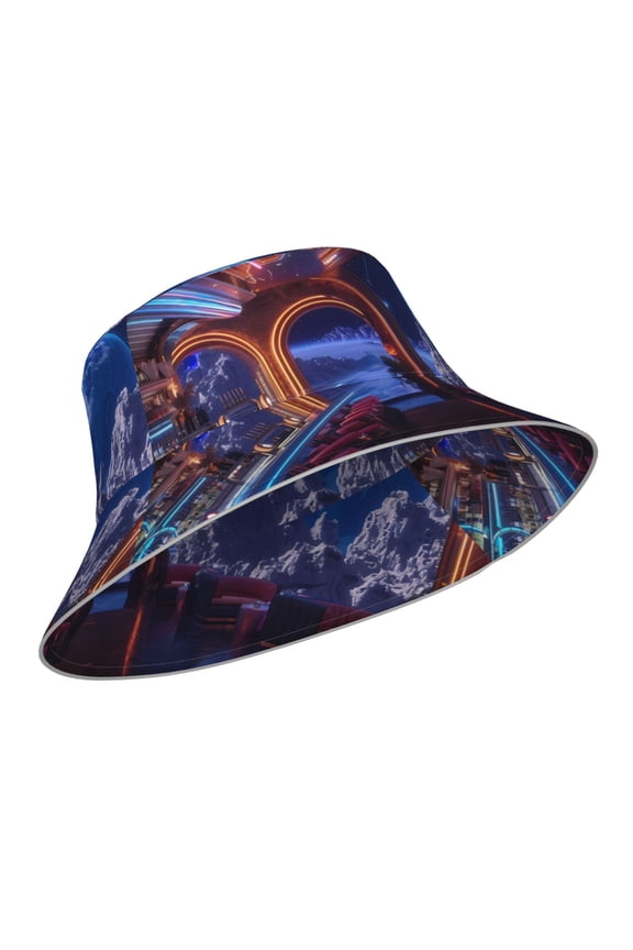 Reflective Bucket Hat - Futuristic Bar Space View Print Bucket Hat for Men,Women