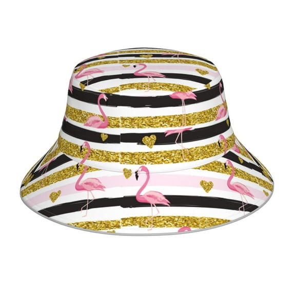 Kdxio Reflective Bucket Hat - Gold Glittering Hearts and Flamingos Print Bucket Hat for Men,Women