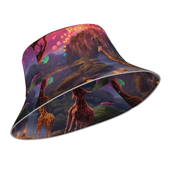 Kdxio Reflective Bucket Hat - Lantern Giraffes Magical Forest Print Bucket Hat for Men,Women