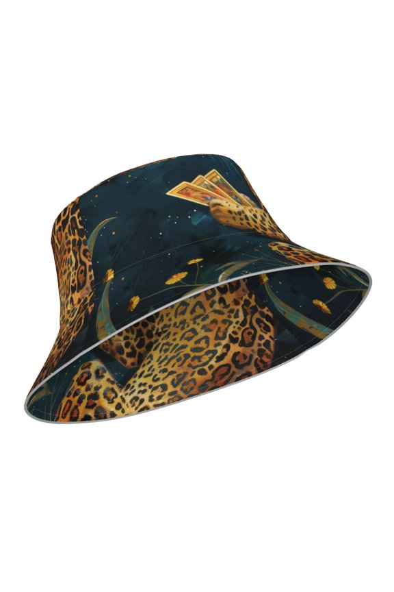 Reflective Bucket Hat - Leopard Reading Tarot Cards Print Bucket Hat for Men,Women