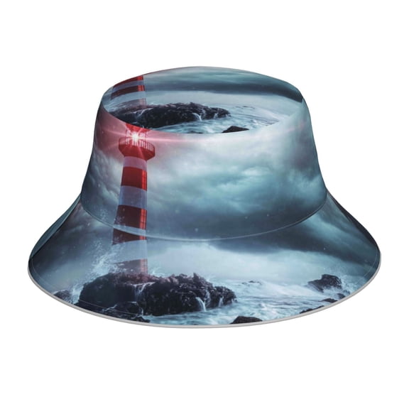Kdxio Reflective Bucket Hat - Lighthouse in a Stormy Sea Print Bucket Hat for Men,Women