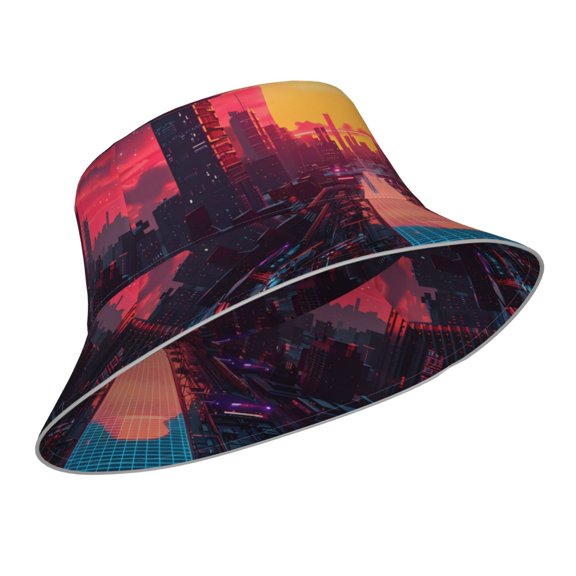 Kdxio Reflective Bucket Hat - Neon Sunset Cyberpunk Cityscape Print Bucket Hat for Men,Women