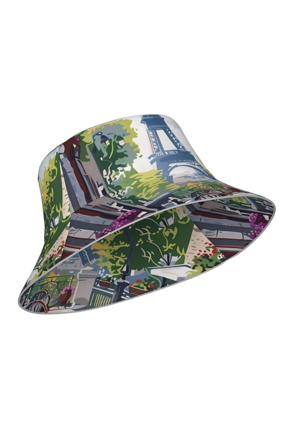 Reflective Bucket Hat - Parisian Cafe With Eiffel Print Bucket Hat for Men,Women