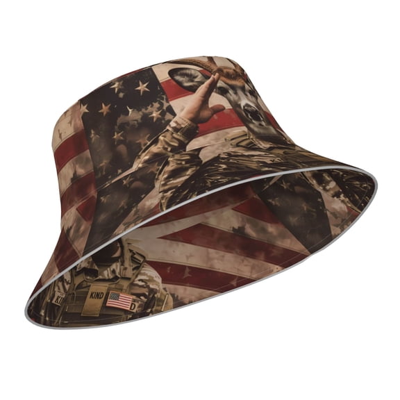Kdxio Reflective Bucket Hat - Patriotic Deer Soldier Salute Print Bucket Hat for Men,Women