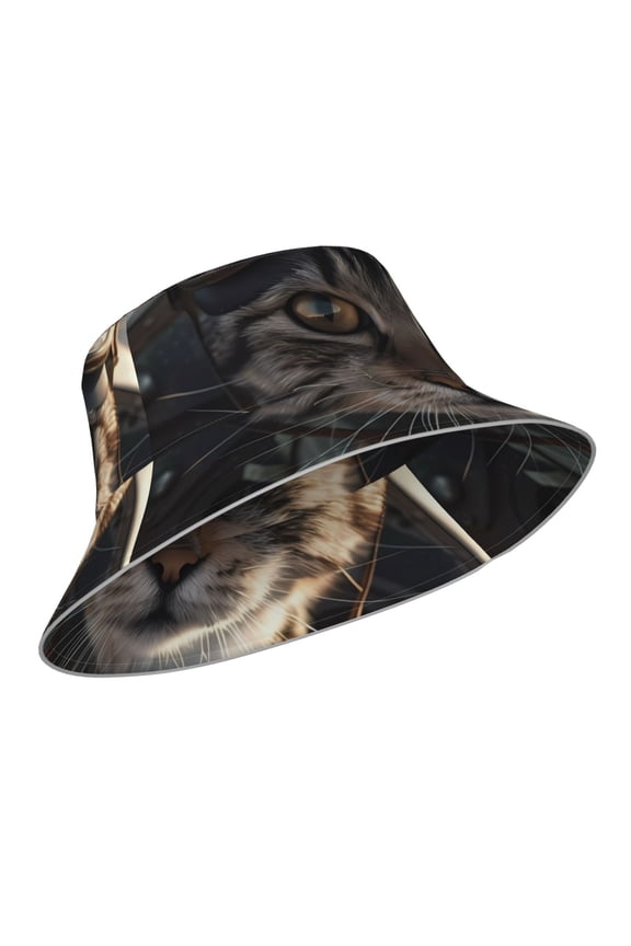 Reflective Bucket Hat - Pilot Cat In Vintage Plane Print Bucket Hat for Men,Women